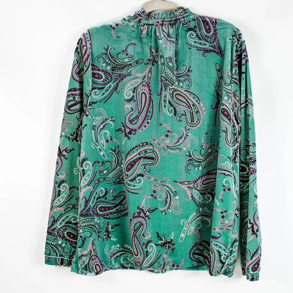 Charter Club Green Paisley High Neck Blouse - XL - Velvet Feel!! - Picture 3 of 9